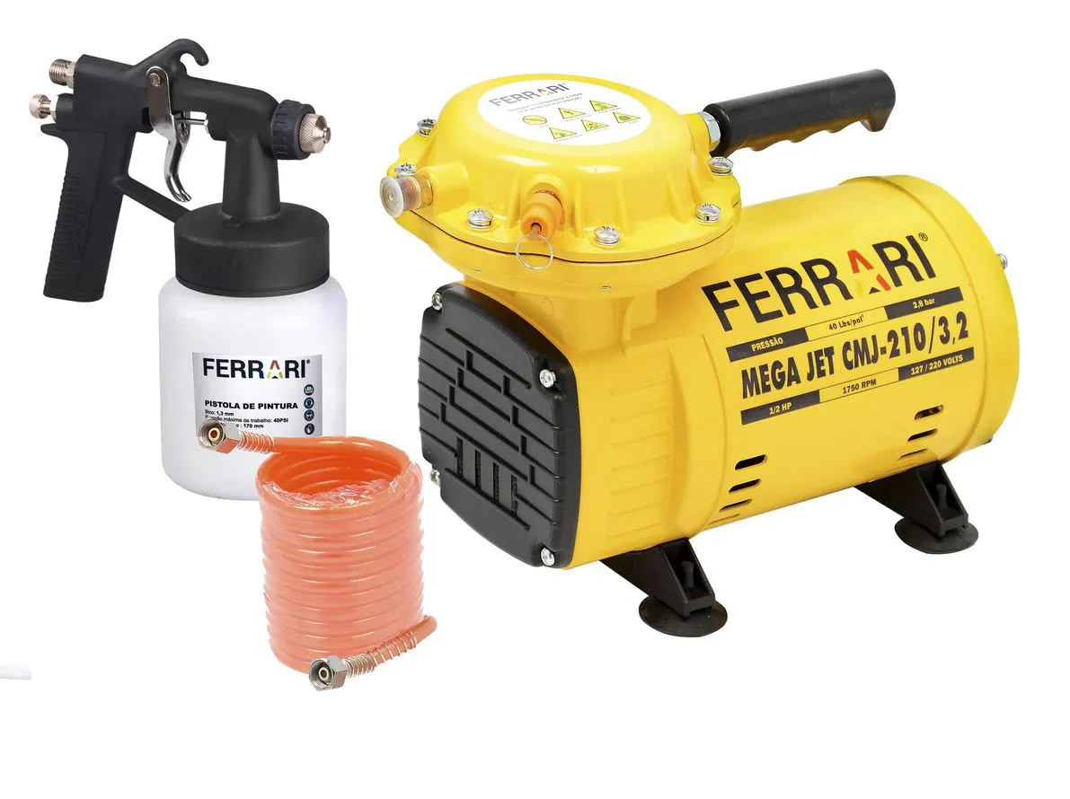 Compressor de Ar Direto Mega JET Bivolt Motor 1/2Hp com Kit para Pintura - Ferrari CMJ-210